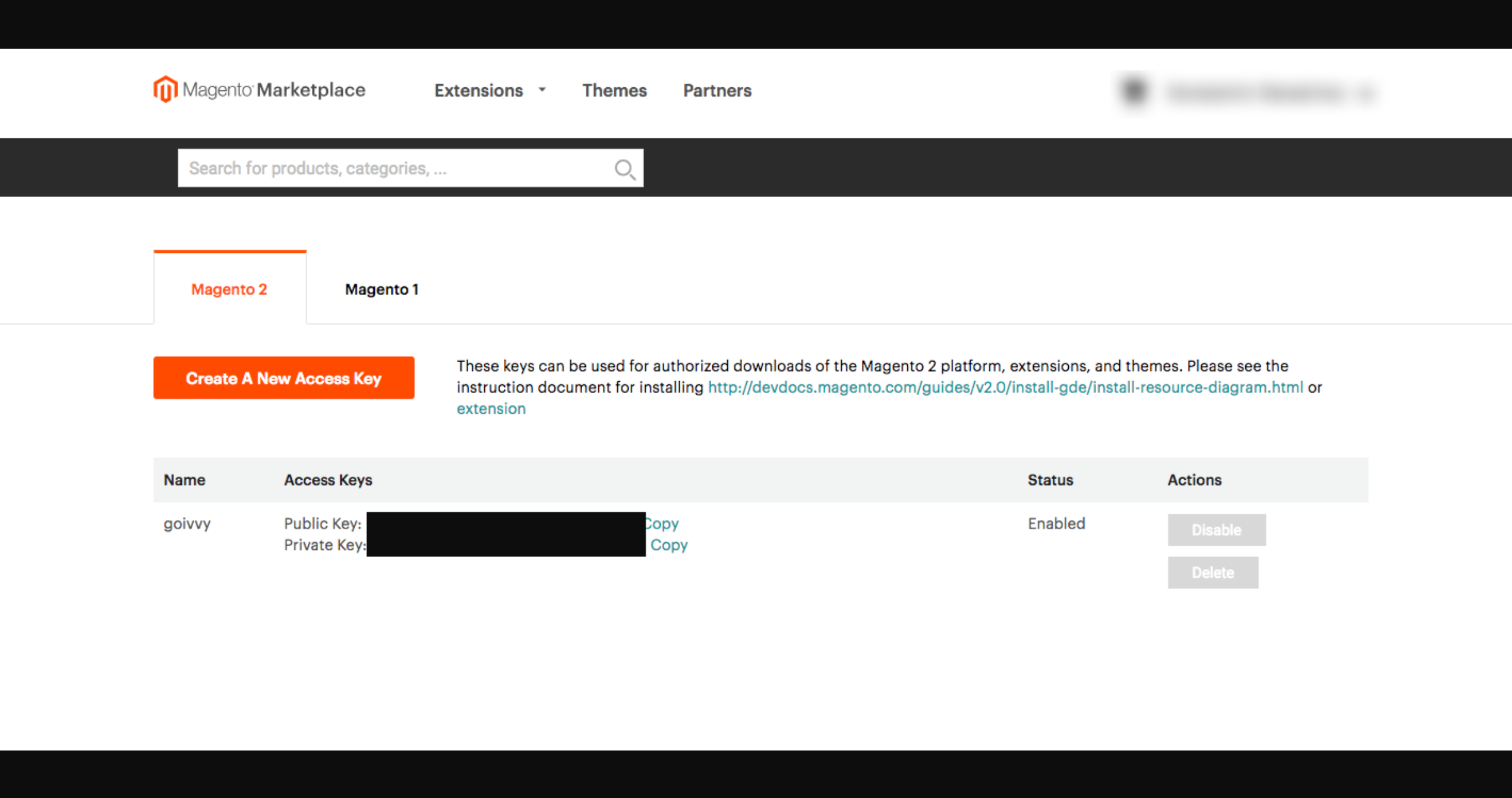 Access Keys on Magento Marketplace