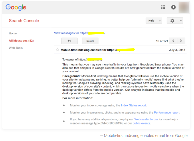 Mobile first Indexing enabled Email from Google Search Console
